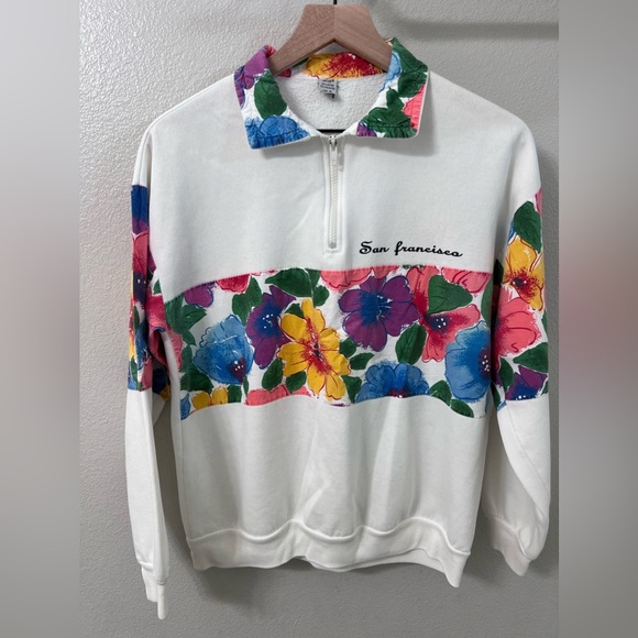Vintage Jacqe White Floral Patchwork San Francisco Sweatshirt Medium - Picture 1 of 10